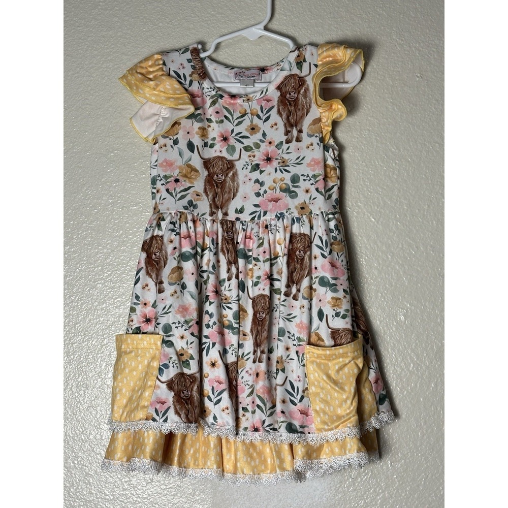 Girls Highland Cow Dress Clover Cottage Size 4T Yellow Floral Ruffles